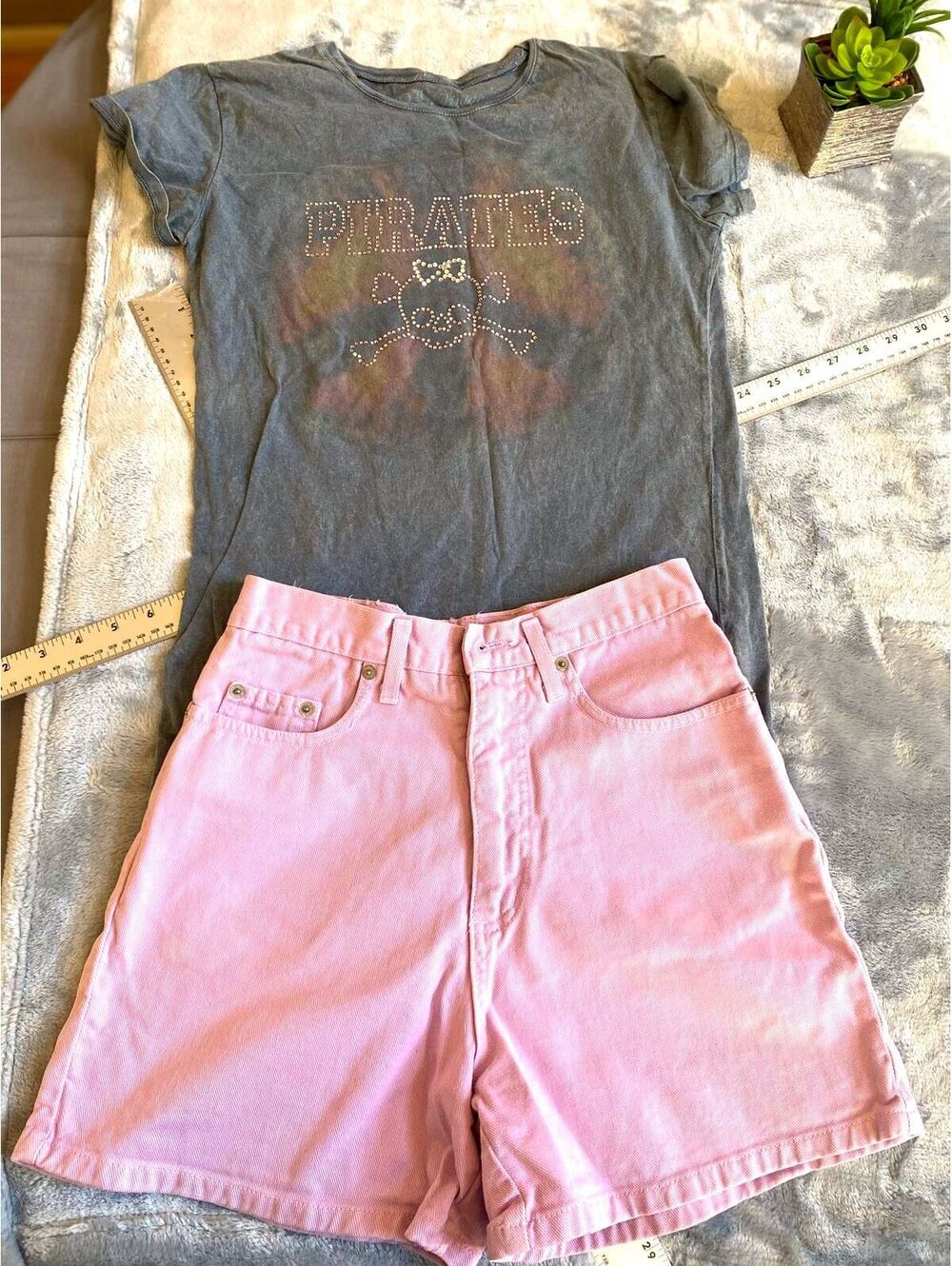Set of Pink Denim Shorts with Gray PIRATES Studded T-Shirt S